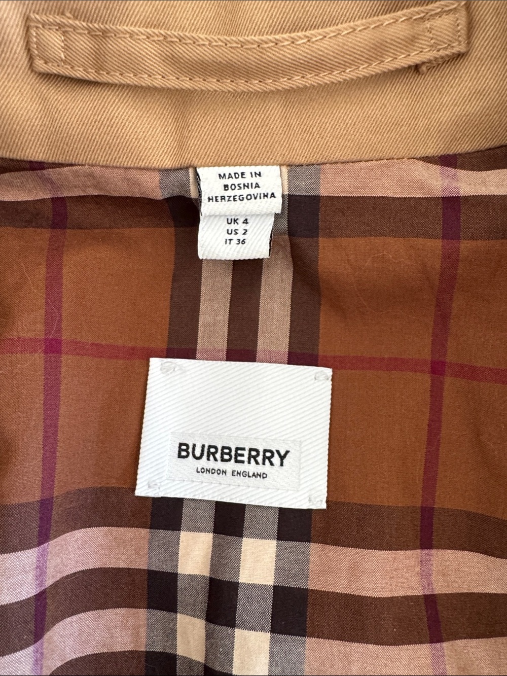 Burberry Sandridge Long Check Collar Gabardine Trench Coat Camel NWOT Size 2 - Picture 14 of 15